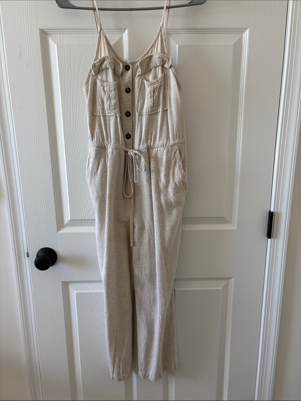 Promesa Linen Beige Spaghetti-Strap Drawstring Jumpsuitt